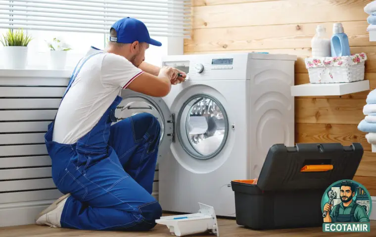 تعمیر کار در حال تعمیر لرزش ماشین لباسشویی ال‌جی هنگام خشک کن