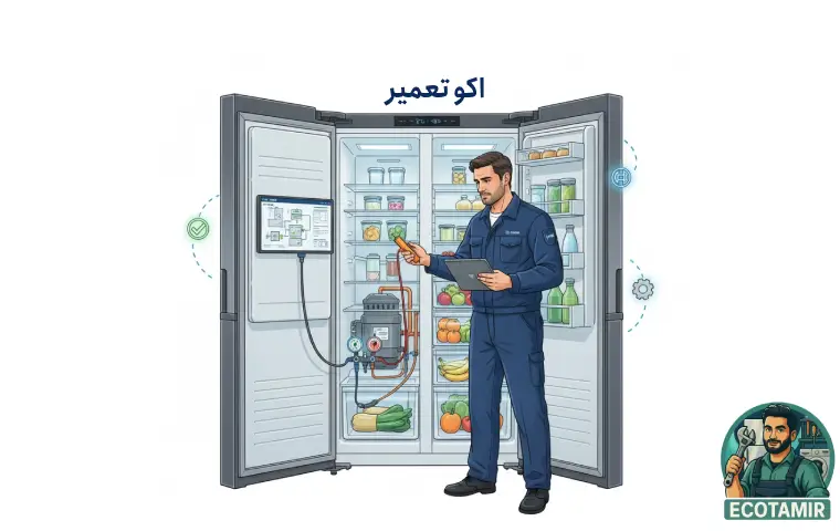 مردی در حال تعمیر یخچال بوش