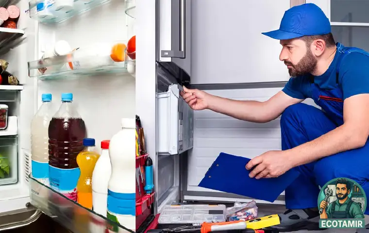 تعمیر یخچال توسط تعمیرکار با لباس آبی